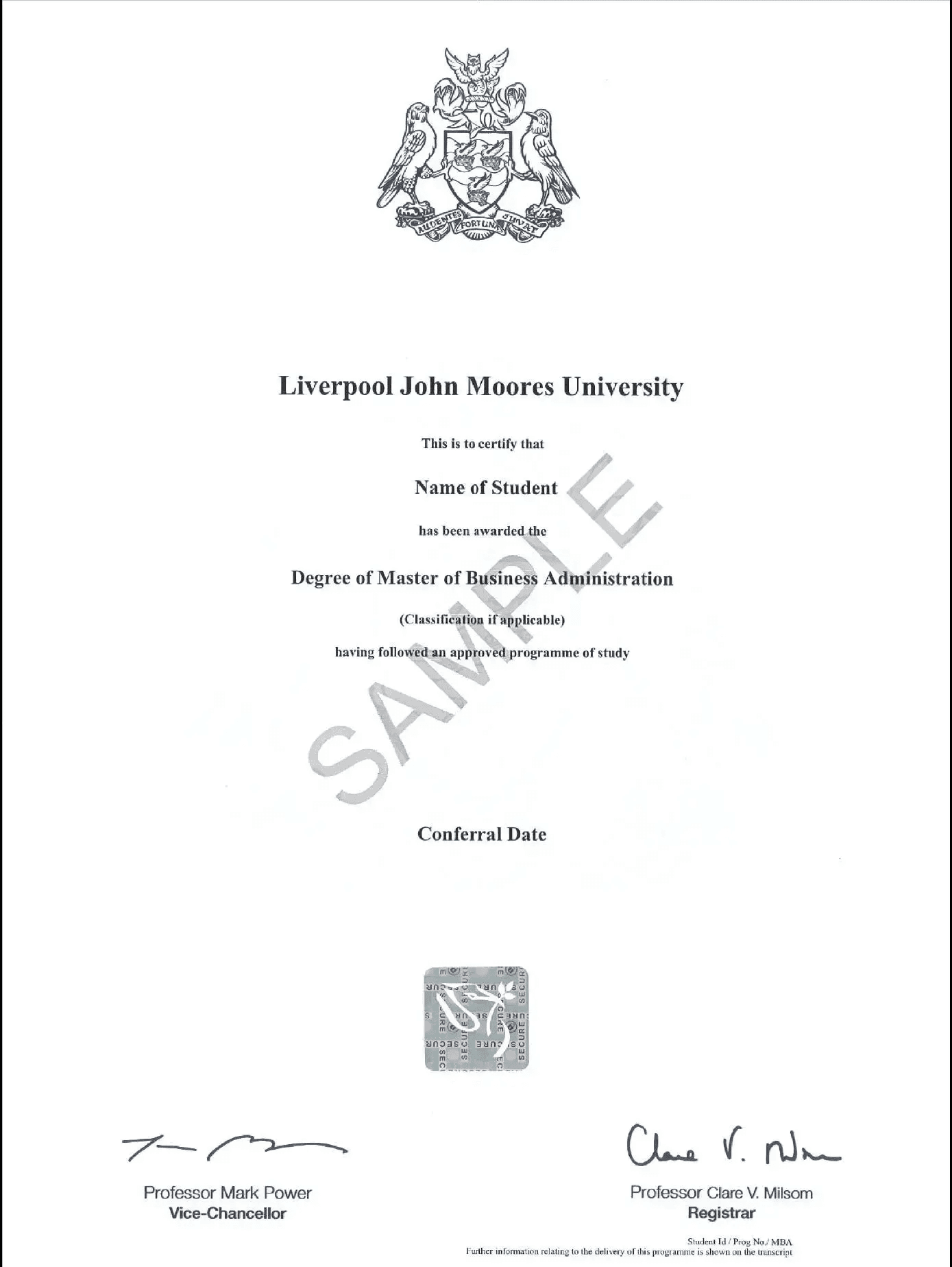 Sample certificate — Liverpool Business School