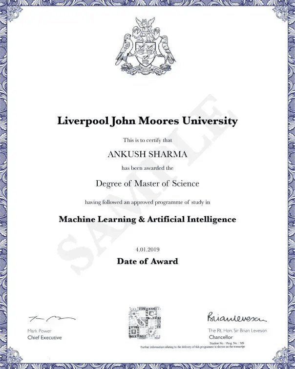 Sample certificate — Liverpool John Moores University