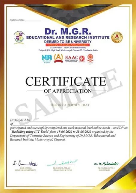 Sample certificate — Dr. M.G.R. Educational and Research Institute