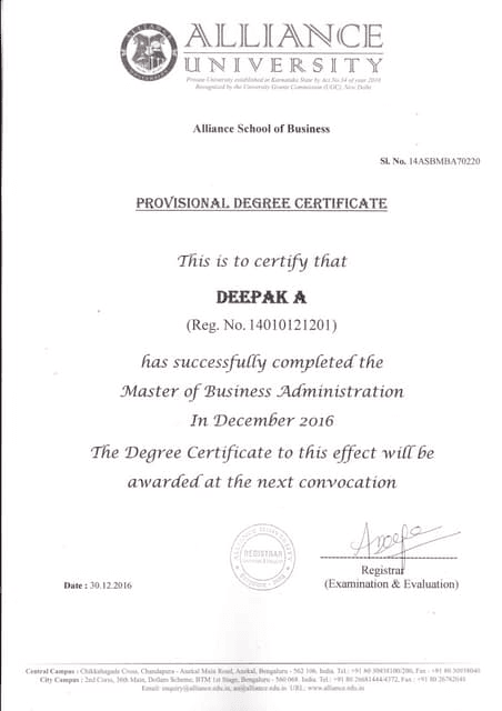 Sample certificate — Alliance University Online